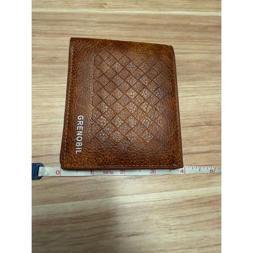 Grenobil Mens Bifold Wallet Cognac Brown Textured Quilted PVC ID Window Zip